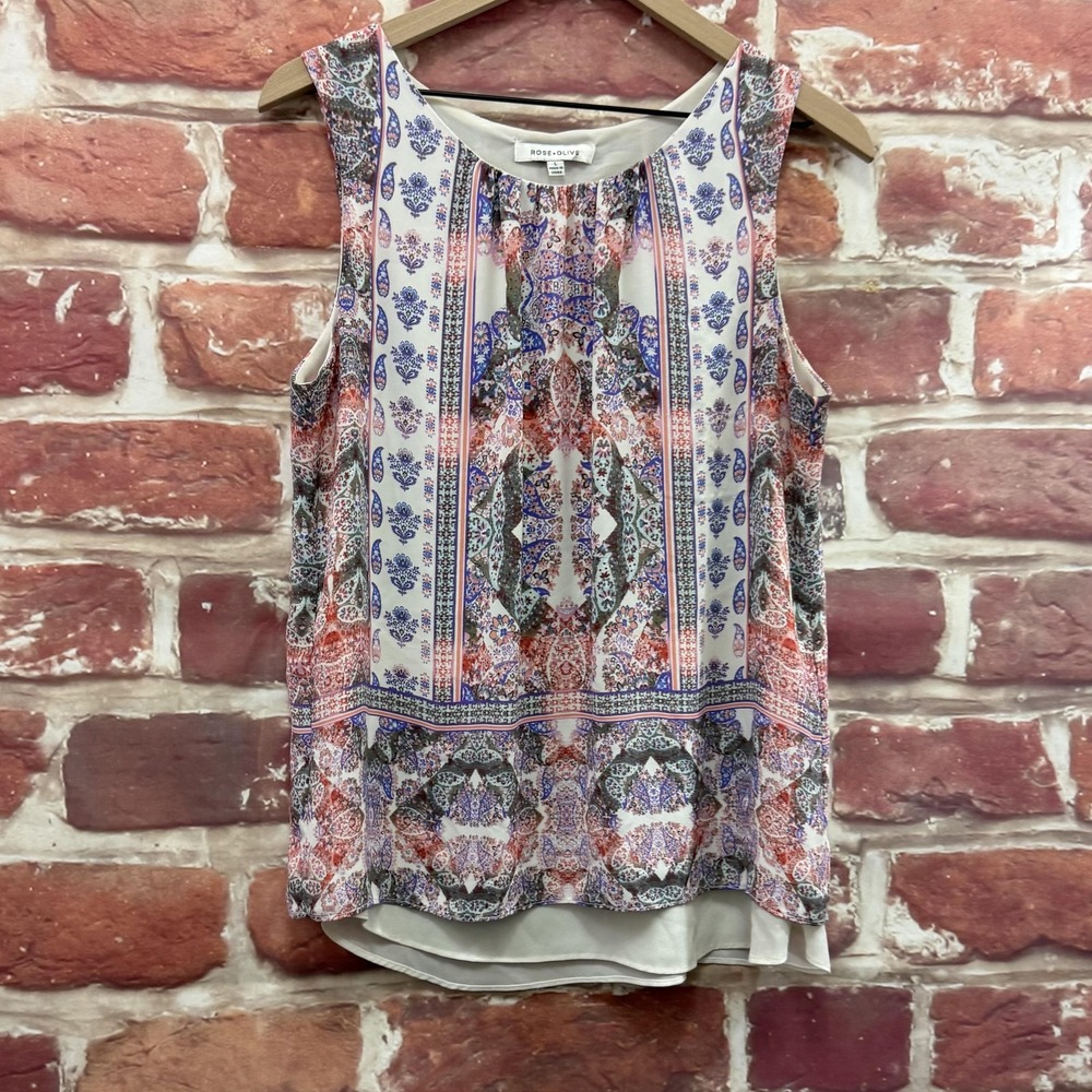 Rose + Olive Top Women's Large Multicolor Boho Floral Abstract Tiered Tank Shirt